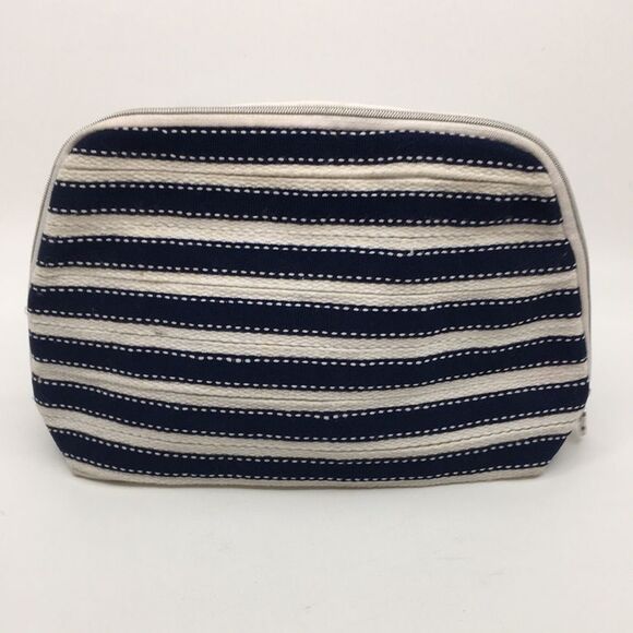 Oscar de la Renta Navy Blue and Cream Striped Padded Makeup / Cosmetic Bag - Picture 5 of 16
